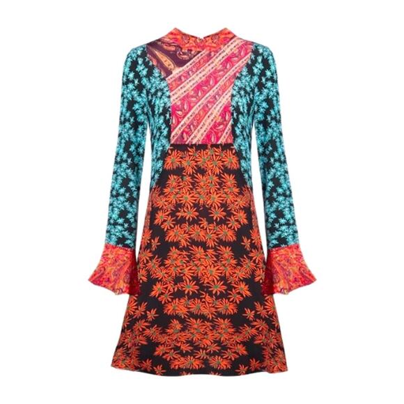 Rixo London silk long flare sleeve mini dress colorful patchwork nwt size large - Picture 1 of 7